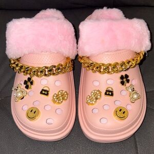 Pink Fuzzy Slide Platform Sandals with Gold Accents
